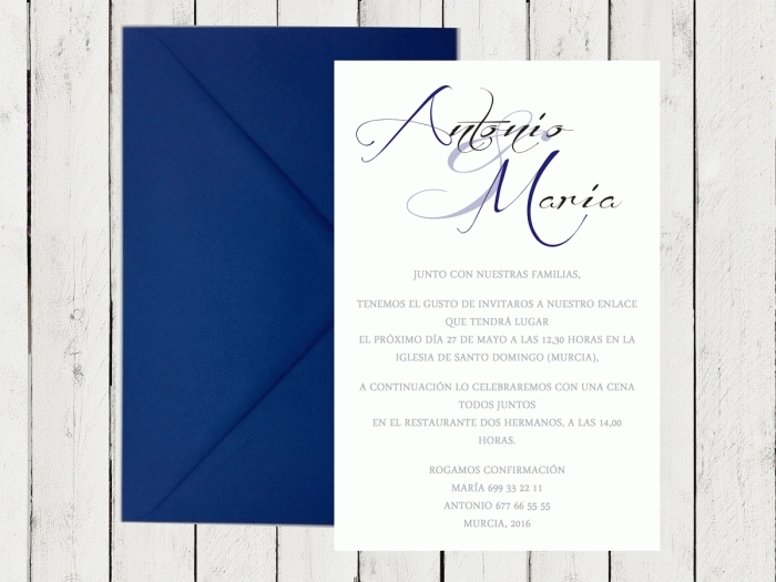 Comprar Invitaciones de boda clásicas con sobre azul marino Montaje No Tarjetas nº cuenta No Impresión Digital (+40 €)