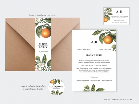 Invitaciones de boda naturales con naranjas y hojas verdes rústicas