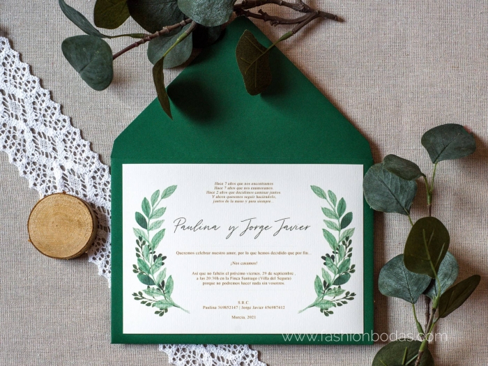 Invitación de boda Botánica Verde con sobre | Sencilla y Elegante Color