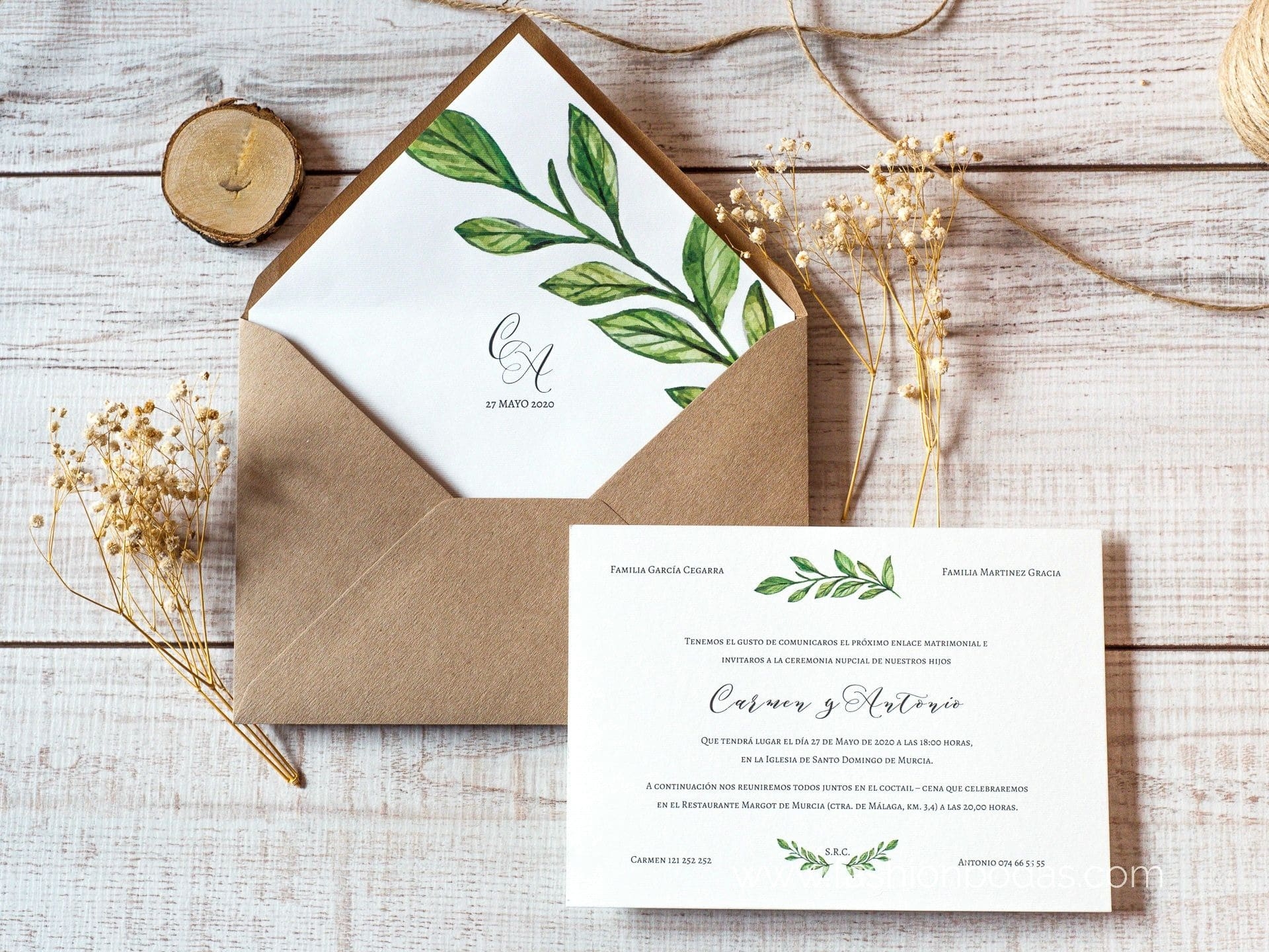 Invitaciones de boda Clásicas con hojas verdes | Sencillas y Modernas