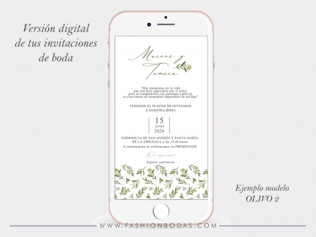 INVITACION DE BODA digital ON-LINE de tus invitaciones de boda a juego olivo 2