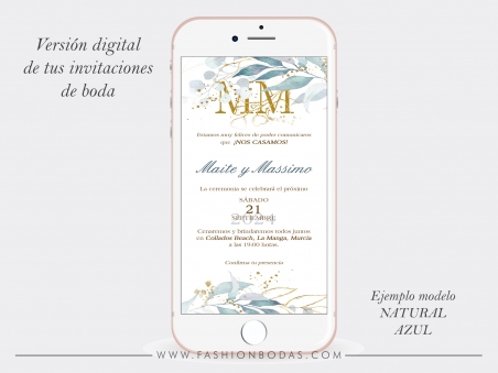 INVITACION DE BODA digital ON-LINE de tus invitaciones de boda a juego flores azules y doradas