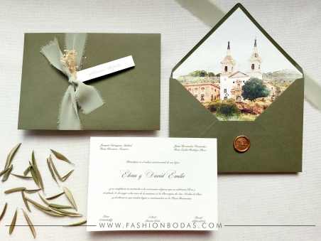 invitacion de boda acuarela sencilla clásica y elegante con acuarela de la iglesia en colores verdes