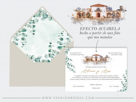 invitacion de boda clásica sencilla y elegante con acuarela de la iglesia en colores verdes